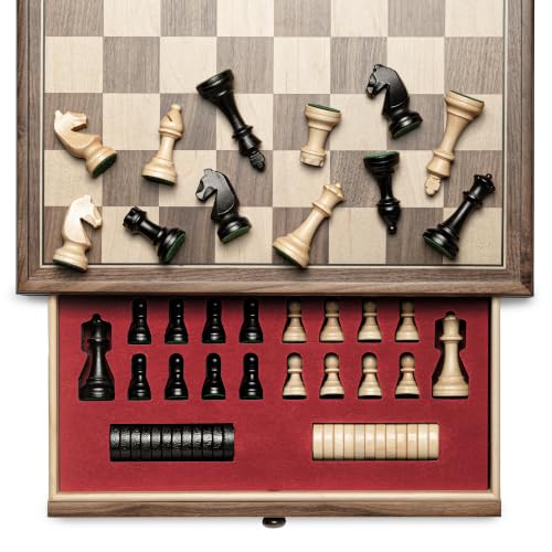 A&A 15 inch Walnut Wooden Chess Set with Storage Drawer, Triple Weighted Pieces, 3.0 inch King Height, Walnut & Maple Inlay, 2 Extra Queen, Classic 2 in 1 Chess and Checkers Board Game