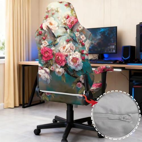 Gaming Chair Slip Cover Set Hummingbird Peony Print Game Chair Cover with Armrest Covers Universal Fit Computer Chairs Seat Slipcovers, Easy to Install - color: Multi - Hummingbird Peony