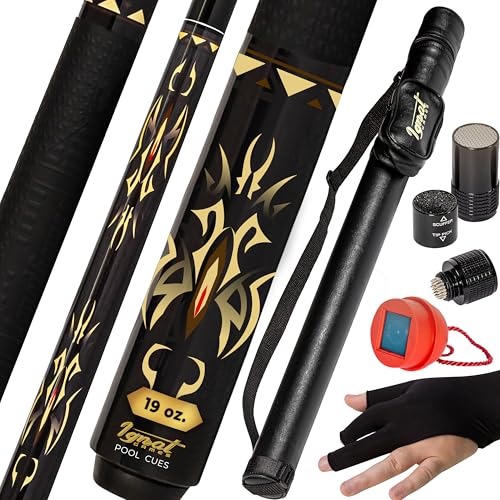 IgnatGames Professional Pool Cue Set – 58" 2-Piece Canadian Maple Stick with Low Deflection Shaft, Hard Case, Tip Maintenance Tool and Accessories - color: 19 oz. Yellow