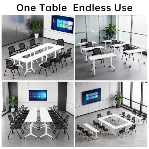 Folding Conference Table with Wheels, Mobile Flip-Top Training Table, Modular Space-Saving Meeting Table for Office, Classroom, Seminar, Library (10, White, 55IN) - color: White, size: 55IN