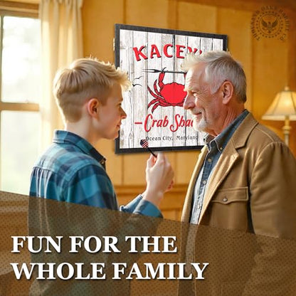Personalized Dart Board Cabinet Set with 6 Steel Tip Darts, Paper Dartboard, Chalk & Eraser (21.5 x 21.5 x 2.75) - Man Cave Dart Boards for Adults - style: Crab Shack