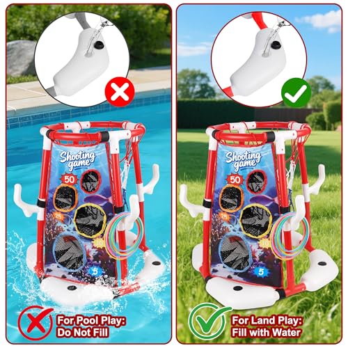 yofit 3-in-1 Pool Basketball Hoop Set, Floating Pool Toys with 14 Balls 12 Rings Toss Games Pump, Outdoor Summer Basketball Game at Swimming Poolside for Kids Ages 4-12 Adults Family Fun - color: Red