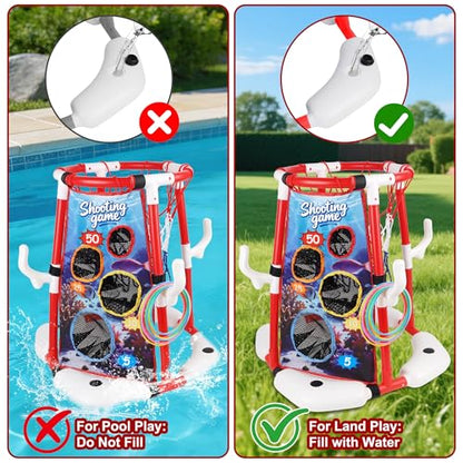 yofit 3-in-1 Pool Basketball Hoop Set, Floating Pool Toys with 14 Balls 12 Rings Toss Games Pump, Outdoor Summer Basketball Game at Swimming Poolside for Kids Ages 4-12 Adults Family Fun - color: Red