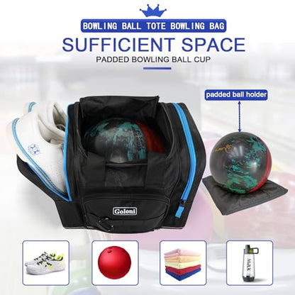 Goloni 1 Ball Bowling Bag for Men, Durable Bowling Tote with Padded Holder & Ventilated Shoe Compartment (Fits Size 14) - color: Black+Blue