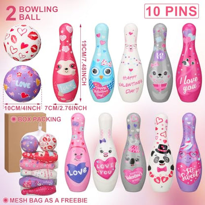 Syhood 12 Pcs Valentine‘s Day Bowling Set 10 Foam Pins and 2 Balls Valentine Game Heart Owl Animal Bowling for Valentine Holiday Party Activity Indoor Outdoor