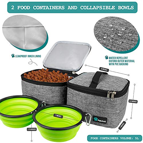 PetAmi Dog Travel Bag Organizer, Pet Travel Kit with 2 Food Containers & 2 Collapsible Dog Bowls, Pet Supplies Tote with Luggage Sleeve, Weekend Road Trip Camping Essentials, Gray, Large - color: Grey, size: Large - 15.5"L x 9.5"W x 14.0"H