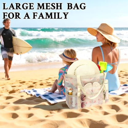 GYEUKHAM Mesh Beach Bag for Women, Sand-Resistant Pool Tote, 9 Pockets (1 Inner Zip), Foldable Family Travel Essentials - color: L-pink Butterfly