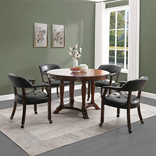 Set of 4 Dining Chair with Casters, Accent Captains Leather Chairs with Wheels & Arms,Wheeled Roller Wood Chairs for Kitchen & Game Poker Table,Espresso&Black 318BK(NO Table!) - color: Espresso&black