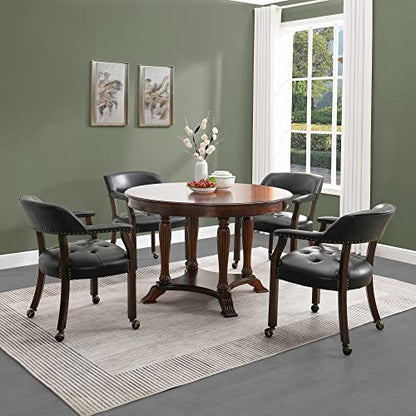 Set of 4 Dining Chair with Casters, Accent Captains Leather Chairs with Wheels & Arms,Wheeled Roller Wood Chairs for Kitchen & Game Poker Table,Espresso&Black 318BK(NO Table!) - color: Espresso&black