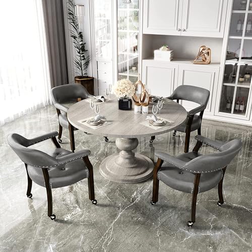 Set of 4 Dining Leather Chairs with Casters & Arms, Accent Captain Chair with Wheels, Roller Wood Wheeled Chairs for Kitchen & Game Poker Table,Espresso&Charcoal Gray 1910DG(NO Table!) - color: Espresso&charcoal Gray