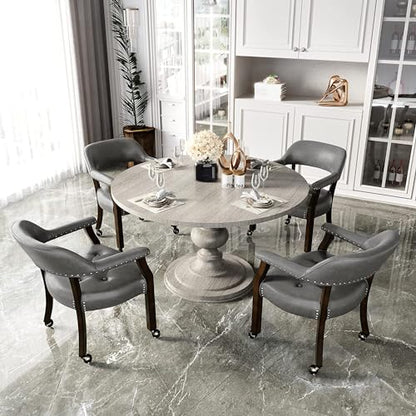 Set of 4 Dining Leather Chairs with Casters & Arms, Accent Captain Chair with Wheels, Roller Wood Wheeled Chairs for Kitchen & Game Poker Table,Espresso&Charcoal Gray 1910DG(NO Table!) - color: Espresso&charcoal Gray