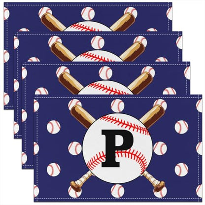 Initial Letter P Place Mats 12x18 Inch Set of 4 Baseball Sports Theme Kitchen Mats for Boys Teens Adults Cartoon Baseball Bat Game Competition Table Mats for Dining Table - color: Blue P