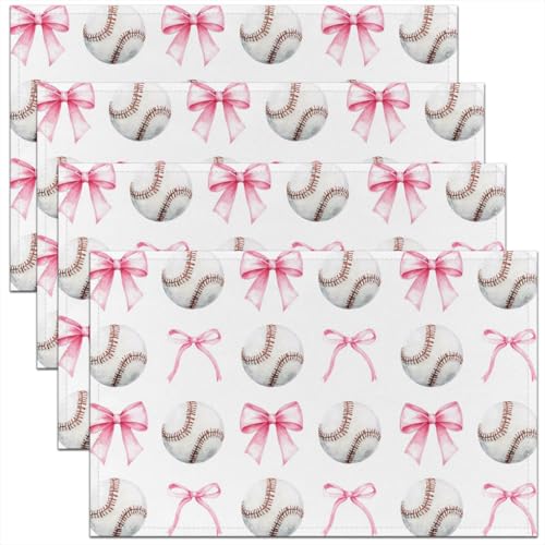 Pink Bowknot Kids Placemats Set of 4,Baseball Sport Game Competition Table Place Mats,Bow Tie Ball Geometry Kitchen Decor,White and Red Placemat Kitchen Table Decoration 12"x18" - color: White and Red