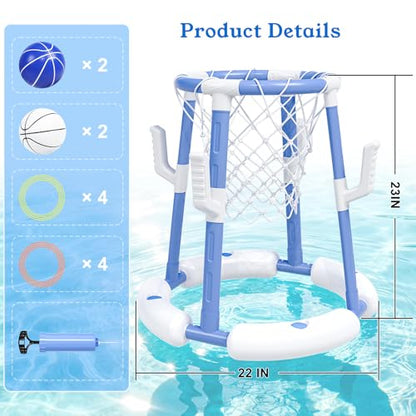 Pool Basketball Hoop&Ring Toss Game 2-in-1 Floating Pool Toy with 4 Balls 8 Rings&Pump,Outdoor Swimming Basketball Party Games Water Play Toy Anti-Tip Stable Base Summer Gift for Kid 4-8 8-12& Adult - size: without backboard