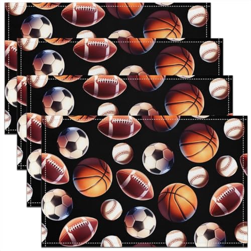 Erosebridal Ball Games Placemats Set of 4 12x18 Sports Place Mat for Boys Men Basketball Soccer Baseball Football Volleyball Black Heat Resisting Table Mats - color: Black