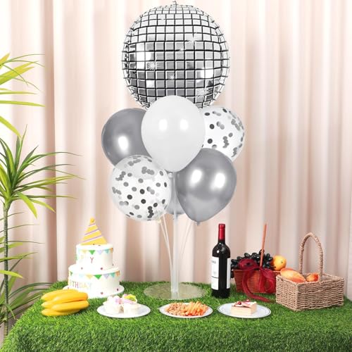 Disco Ball Party Balloons Stand Kit 2 Sets with 2 Silver 4D Discoball Foil Balloon Disco Ball Centerpiece for Tables 70s 80s 90s Dance Themed Birthday Graduation Decorations 2026 Prom Party Supplies - style: Silver Disco