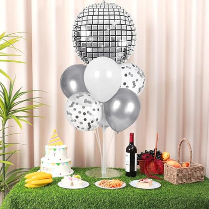 Disco Ball Party Balloons Stand Kit 2 Sets with 2 Silver 4D Discoball Foil Balloon Disco Ball Centerpiece for Tables 70s 80s 90s Dance Themed Birthday Graduation Decorations 2026 Prom Party Supplies - style: Silver Disco