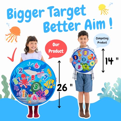 Grip Kids Number & Ocean Theme Double-Sided Dartboard Target Game – 26" Large Dart Board with Sticky Balls & Jellyfish Toss Balls, Indoor/Outdoor Gift Toy for Kids Ages 3–12