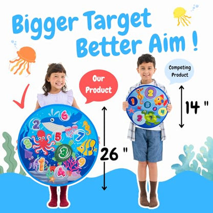 Grip Kids Number & Ocean Theme Double-Sided Dartboard Target Game – 26" Large Dart Board with Sticky Balls & Jellyfish Toss Balls, Indoor/Outdoor Gift Toy for Kids Ages 3–12