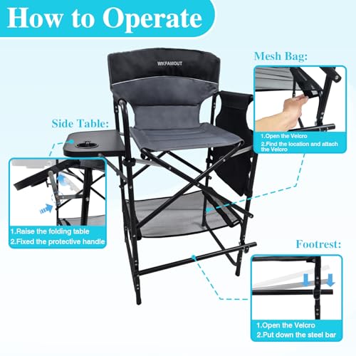 Tall Folding Director Chair 30.7" Seat Height Foldable Bar Stool for Makeup Artist Face Painting with Side Table Carry Bag and Cosmetic Bag Supports 350LBS - color: Grey-padded