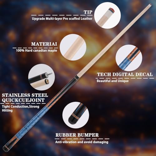 Canadian Maple Pool Cue Sticks (10mm/11.5mm/13mm), 58" 2-Piece Pool Sticks with Low Deflection Shaft,Billiard Sticks for Home, Bar, and Tournament Play - color: Blue only cue 11.5mm