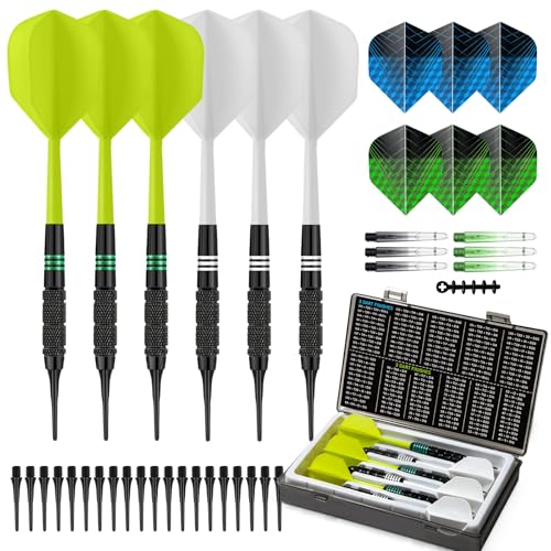 Soft Tip Darts Set 6 Pack – Professional Darts Plastic Tip with Integrated Dart Flights, Extra Dart Stems & Flights Dart Tips Darts Accessories Kit with Dart Case for Electronic Dartboard