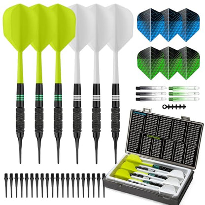 Soft Tip Darts Set 6 Pack – Professional Darts Plastic Tip with Integrated Dart Flights, Extra Dart Stems & Flights Dart Tips Darts Accessories Kit with Dart Case for Electronic Dartboard