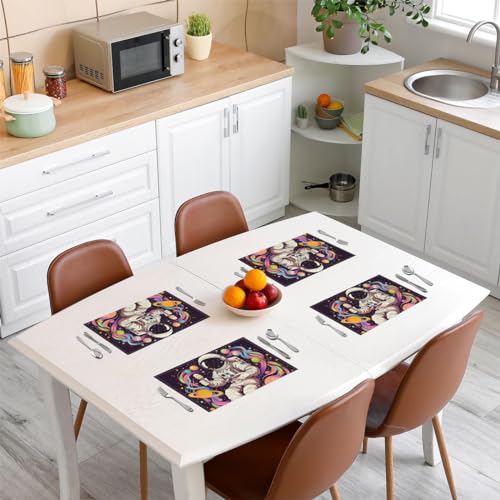 Cartoon Astronaut Graffiti Place Mats Colorful Stripes Gradient Planets Table Mats for Kids Boys Girls Teens Outerspace Theme Hippie Dreamy Kitchen Mats for Dining Table 12x18 Inch Set of 4 - color: Beige