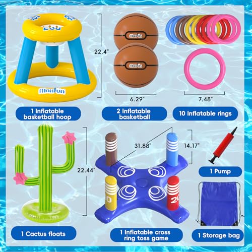 Max Fun Pool Toys Games Set, Inflatable Cross Ring Toss Games, Floating Pool Basketball Hoop, Inflatable Cactus Pool Floats for Kids Teens Adults Swimming Water Toys (3-Piece Set)