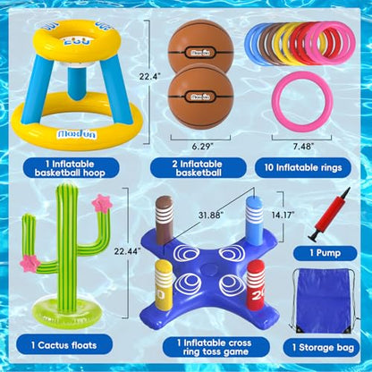 Max Fun Pool Toys Games Set, Inflatable Cross Ring Toss Games, Floating Pool Basketball Hoop, Inflatable Cactus Pool Floats for Kids Teens Adults Swimming Water Toys (3-Piece Set)