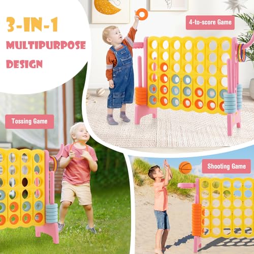 KOTEK Giant 4-in-a-Row Game, Jumbo 4-to-Score Family Game w/Quick-Release Sliders, 42 Rings, Ring Toss & Basketball Hoop, Connect Yard Games Outdoor for Kids & Adults (with Carrying Bag,Pink)