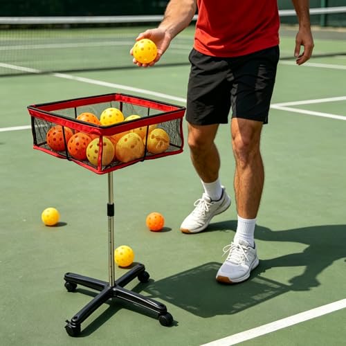 TNZMART Ping Pong Ball Pickleball Holder with Wheels, Height Adjustable Ping Pong Storage Cart, Portable Table Tennis Ball Collection Basket for Indoor Outdoor Training Practice
