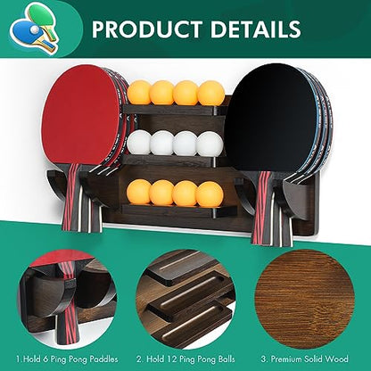 ikkle Ping Pong Paddle Holder Wall Mounted Table Tennis Racket Display for 6 Paddles and 12 Balls Storage, Ping Pong Accessories Organizer in Game Room, Man Cave, Bar Room, Garage, Office, Home