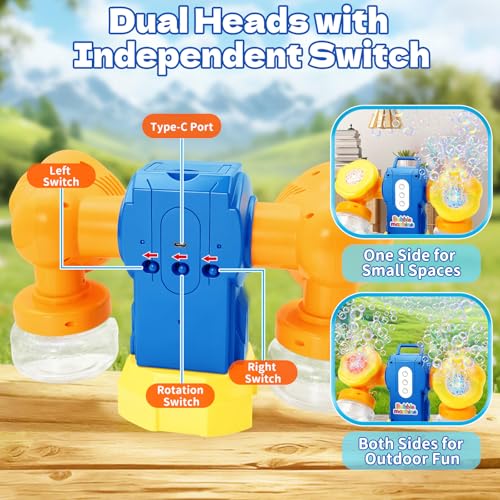 Dual-Engine Bubble Machine with LED Lights & Automatic 360° Rotation & 90° Adjustable, Type-C Rechargeable Bubble Blower Maker for Kids Birthday Parties Weddings Outdoor Activities