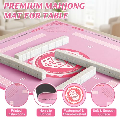 Mahjong Mat with Rules for Table, American Mahjong Table Mats Multi Purpose Anti Slip Noise Reduction Game Table Cover for Poker Card Dominoes Board Tile Games (Pink)