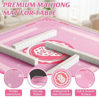 Mahjong Mat with Rules for Table, American Mahjong Table Mats Multi Purpose Anti Slip Noise Reduction Game Table Cover for Poker Card Dominoes Board Tile Games (Pink)