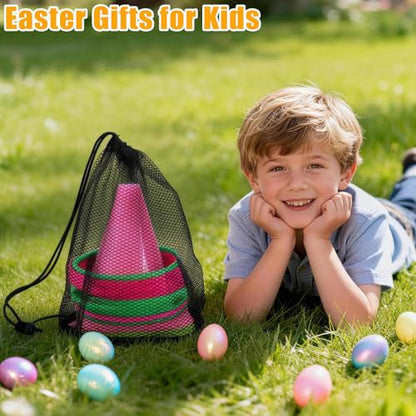 4 in 1 Easter Outdoor Games for Kids and Family, Easter Party Game with Ring Toss, Plastic Cones, Bean Bags, 3-Legged Race Bands, Carnival Spring Games Activities Combo Set for Adult Yard Classroom - color: Easter Green - Sticker