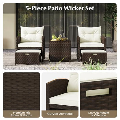 Tangkula 5 Pieces Patio Conversation Set, PE Wicker Outdoor Furniture Set with 2 Chairs, 2 Ottomans & Tempered Glass Coffee Table, Ideal for Poolside, Backyard, Lawn, Deck, Mix Brown & Off White - color: Mix Brown & Off White