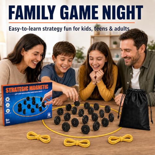 Magnet Game with String, 20 Full-Size Magnetic Stones & 3 Ropes, Portable Magnetic Chess Strategy Game for Family Game Night, Party, Travel, Camping, Kids, Teens & Adults