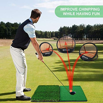 RELILAC Pop Up Golf Chipping Practice Net Set - Indoor/Outdoor Golfing Target Accessories for Golf Practice - Improve Your Short Game - Gifts for Men, Dad, Mom, Husband, Women, Kid, Golfers - style: Net + Mat + 12Balls