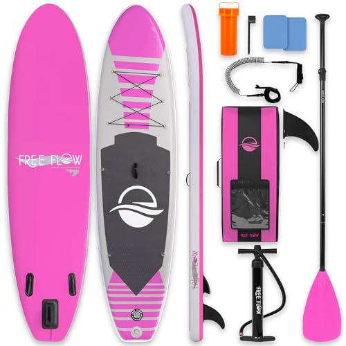 SereneLife 10’6” Inflatable Stand Up Paddle Board with Premium SUP Accessories - 32” Wide Stable Design with Non-Slip EVA Deck Pad, for Youth and Adults, 350 lbs. Capacity - color: Pink