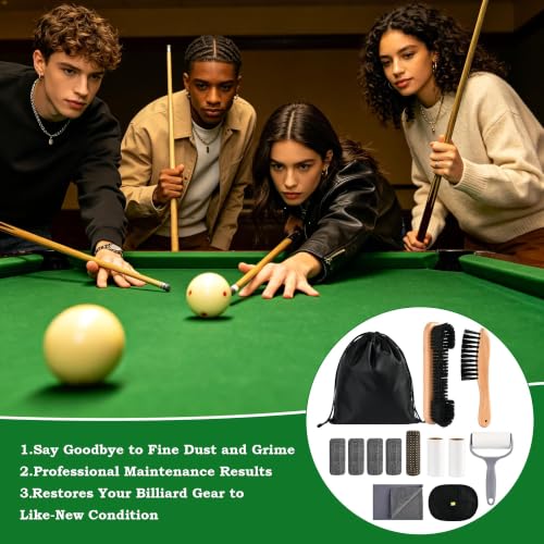 Tuhangcc 12PCS Complete Pool Table Brush Set All-in-One Cleaning Kit with 2 Sizes Wooden Brushes Lint Roller 2 Refills Plush Glove 4 Cue Sponges Suede Cloth Waterproof Storage Bag for Billiard Rooms