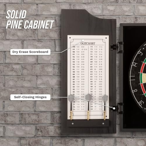 Dart Board Cabinet Set - Natural Pinewood Cabinet with Self-Healing Sisal Dartboard, 6 Steel Tip Darts, Dart Holders, Scoreboard, and Out Chart - Man Cave, Bar or Game Room Decor by Trademark Gameroom
