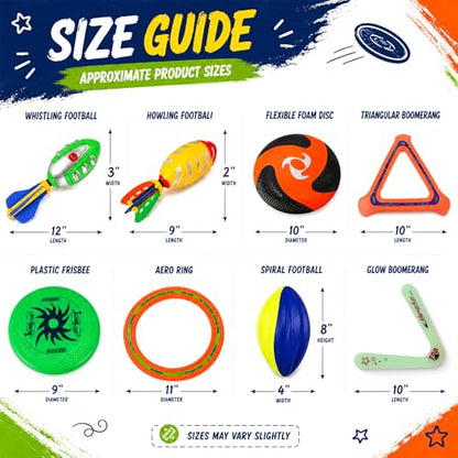 8-in-1 Sports Combo Play Set - Ultimate Outdoor Family Backyard Games with Foam Football, Flying Discs, Aero Rings, Boomerang, Whistling Missiles – Throw & Catch Fun Activities for Kids