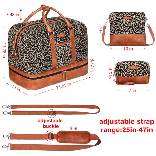 Weekender Bag for Women, Large Overnight Bag Canvas Travel Duffel Bag Carry On Tote with Shoe Compartment 21" 3Pcs Set - color: A02-brown+brown leopard