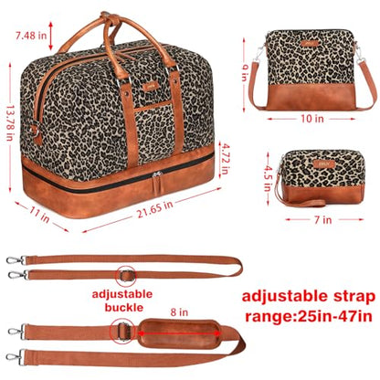 Weekender Bag for Women, Large Overnight Bag Canvas Travel Duffel Bag Carry On Tote with Shoe Compartment 21" 3Pcs Set - color: A02-brown+brown leopard