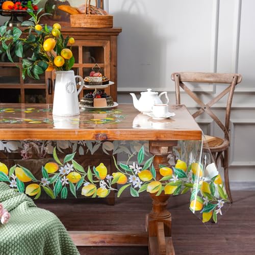 ARTABLE Clear Table Cover Protector Vinyl PVC Rectangle Table Cloth with Floral Print Pattern Oil Proof Wipe-able Plastic Tablecloths for Dining Tables Parties Holidays (Lemon, 52 x 70 Inches) - color: Lemon, size: 70" x 52" (Rectangular)