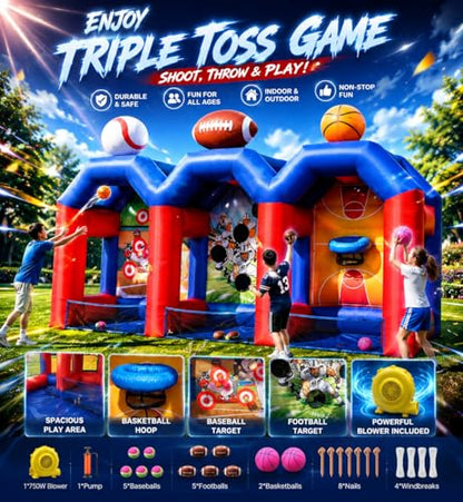 3-in-1 Inflatable Carnival Games with 3 Toss Games, Multi Inflatable Sports Games Combo for Group Team Challenge, Giant Backyard Basketball Football Baseball Throwing Target with 750W Blower