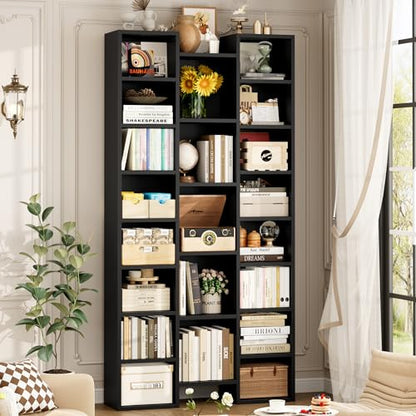 FOTOSOK 71'' Tall Bookshelf with 21 Cubes, 8 Tier Triple Wide Black Bookshelf with 8 Adjustable Shelves, 35" Large Bookcase DVD/CD Media Tower Storage, Freestanding Display Shelf Cabinet, Black - color: Black