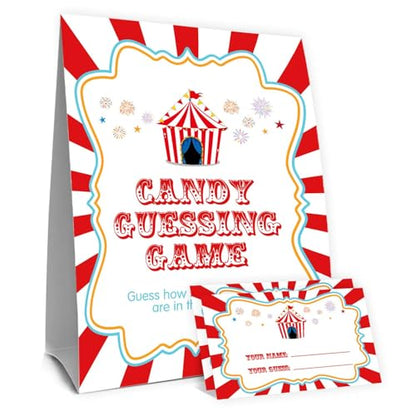 Carnival Guess How Many Baby Shower Game, Circus Theme Party Decorations, Carnival Birthday Party Decorations, Guess How Many Candies, Birthday Party Game & Activities 50 Cards and Sign - size: circus